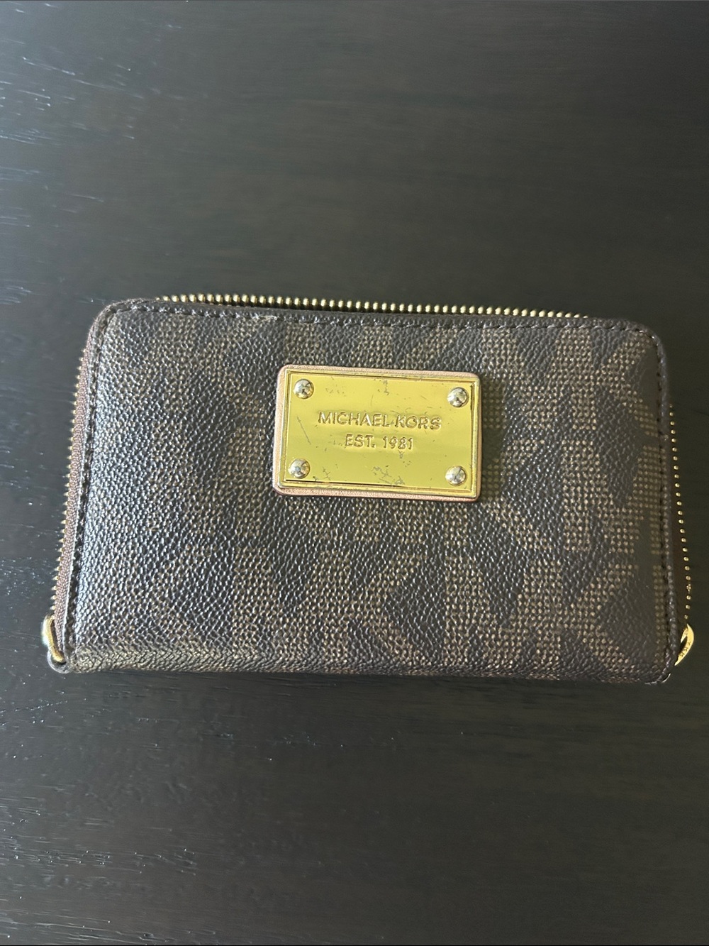 Michael Kors Brown and Gold MK Plaque Zip Card Case